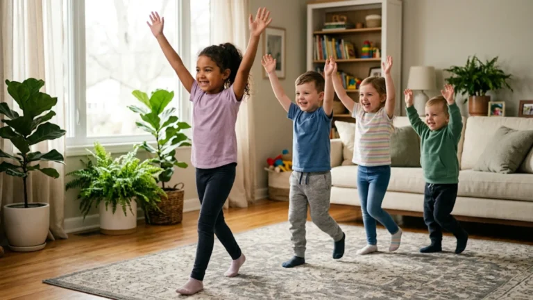 Children playing Follow the Leader game indoors in a bright living room