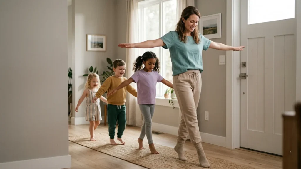 follow the leader parent leading children indoors Parent leading children in Follow the Leader game through a hallway indoors