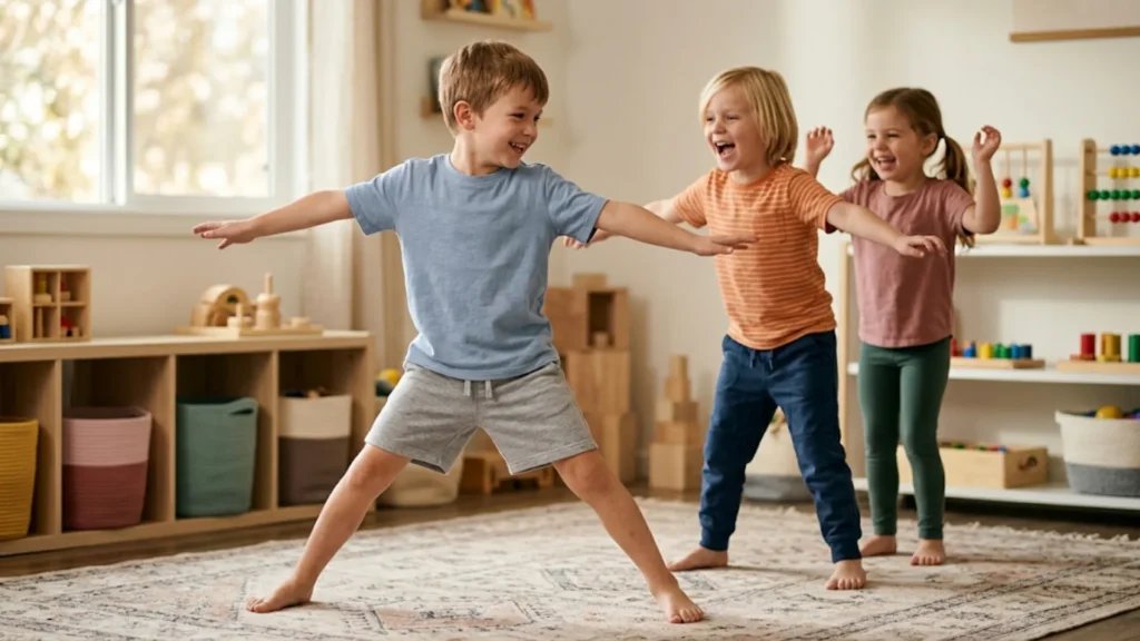 kids laughing follow the leader indoor playroom Children laughing while playing Follow the Leader game in an indoor playroom