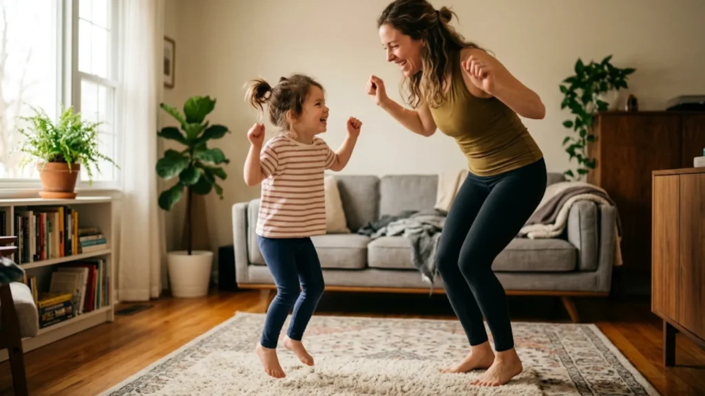 preschool child follow the leader jumping home Preschool child copying jumping movement in Follow the Leader game at home
